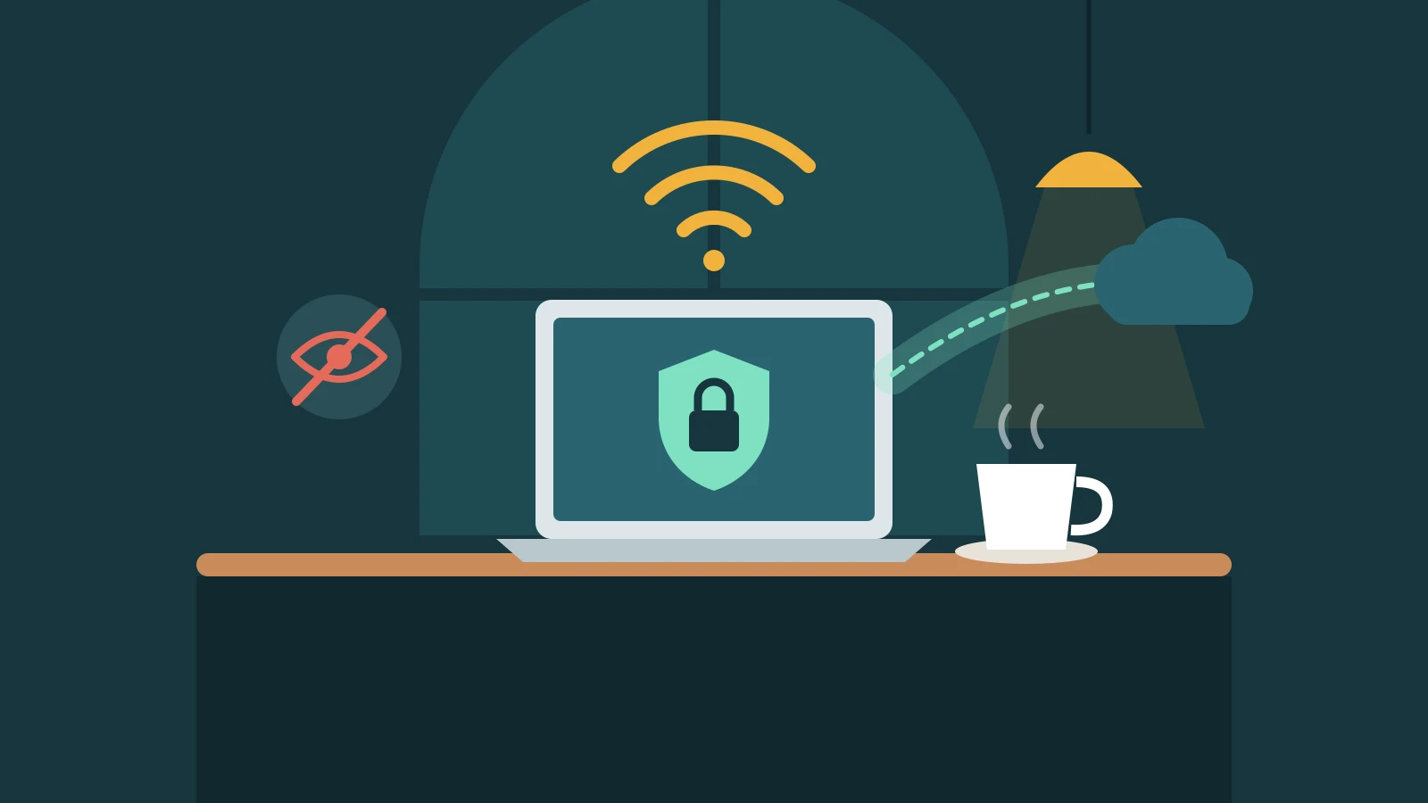カフェのノートパソコンが盾と鍵で守られたVPN通信のイラスト